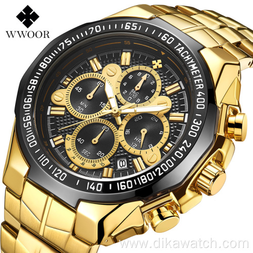 WWOOR Brand Watches Men Luxury Sports Chronograph Clock Man Fashion Full Steel Quartz Wrist Watch Relogio Masculino